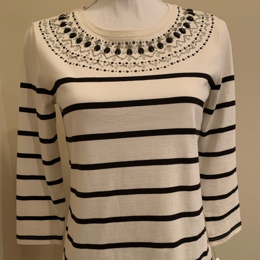 Talbots Embellished Cotton White and Black Top